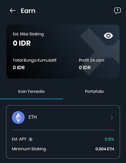 Review Indodax: tampilan Indodax Earn di aplikasi Indodax mobile.