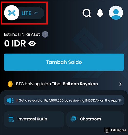 Review Indodax: tampilan Indodax Lite di aplikasi mobile.