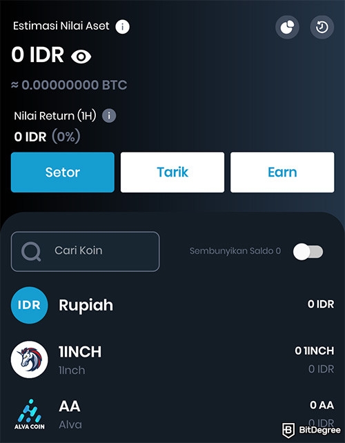 Review Indodax: tampilan wallet kripto Indodax.