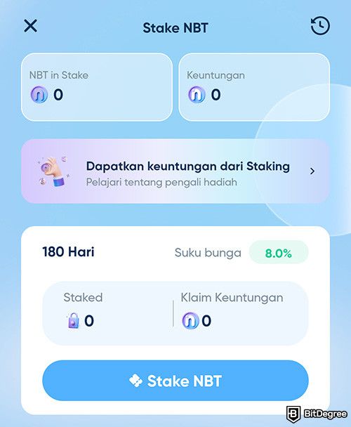 Review Nanovest: tampilan fitur staking NBT di aplikasi Nanovest.