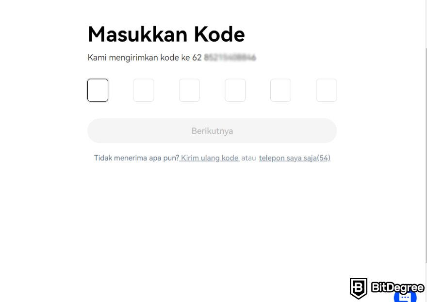 Review OKX: masukkan kode yang dikirim ke nomor telepon.