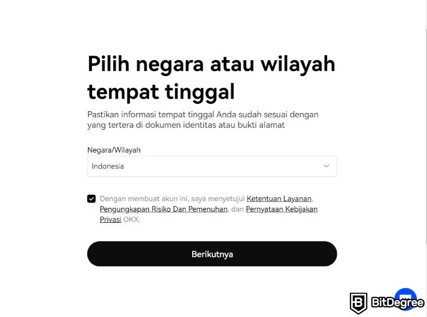 Review OKX: pilih negara tempat tinggal.