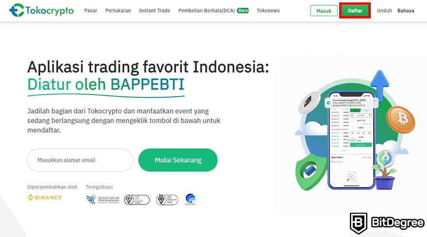 Review Tokocrypto: tampilan homepage Tokocrypto dengan kotak merah menandai tombol Daftar.