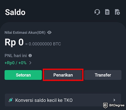 Review Tokocrypto: tampilan Dompet di aplikasi Tokocrypto dengan kotak merah menandai tombol Penarikan.