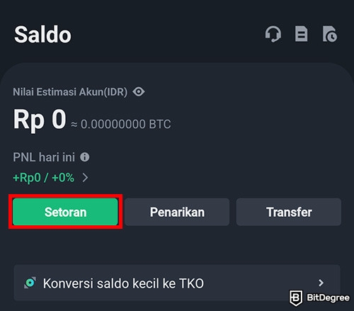 Review Tokocrypto: tampilan Dompet di aplikasi Tokocrypto dengan kotak merah menandai tombol Setoran.