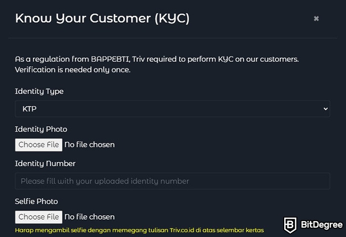 Review Triv: tampilan KYC di platform Triv.