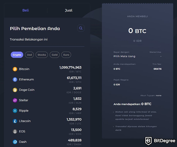 Review Triv: tampilan menu Jual/Beli di platform Triv.