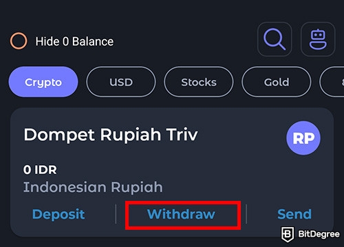 Review Triv: tampilan wallet di aplikasi Triv dengan kotak merah di sekitar tombol Withdraw.