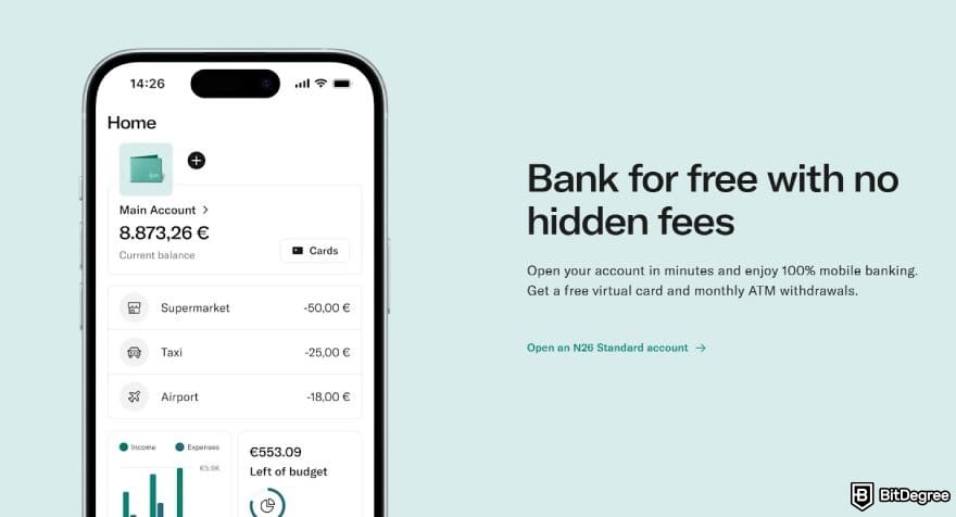 Revolut alternatives: description of N26's no-hidden-fees policy.