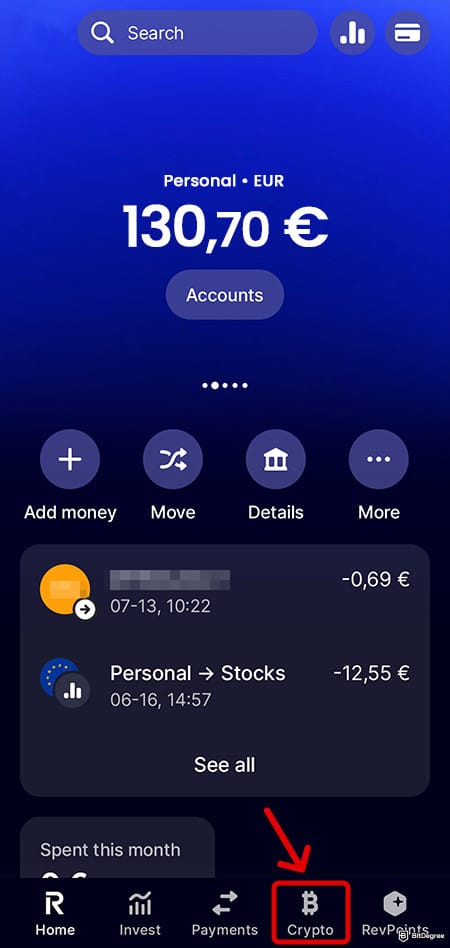 Revolut Crypto Review: Revolut dashboard.
