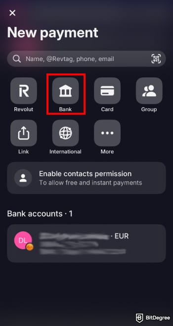 Revolut review: Revolut app payments page highlighting the [Bank] option.