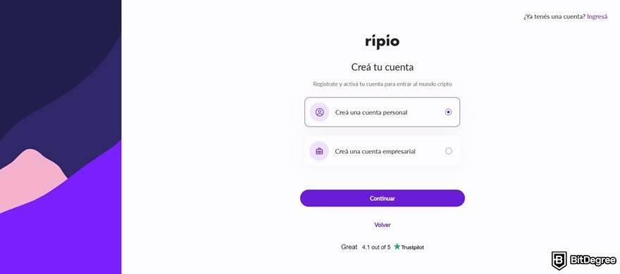 Ripio review: choosing an account type.