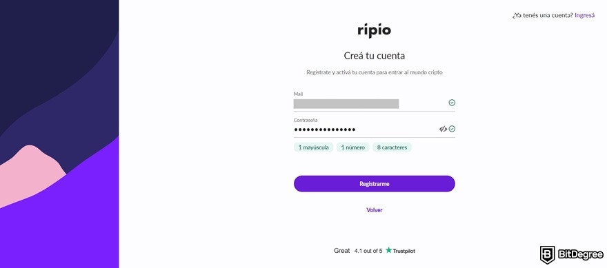 Ripio review: entering email address and creating a password in the sign-up form.