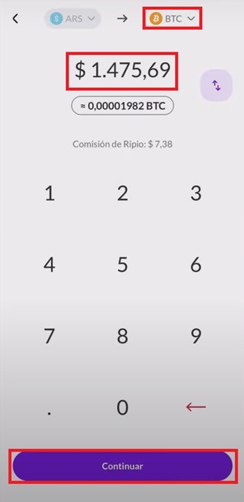 Ripio review: entering the purchasing amount on the Ripio app.