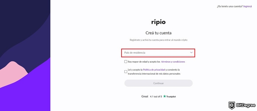 Ripio review: choosing a country of residence on Ripio.