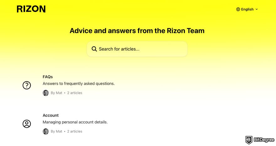 Rizon review: Rizon help center page.