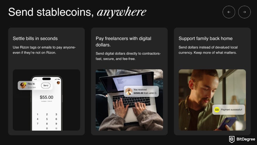 Rizon review: Rizon homepage highlighting send stablecoins page.