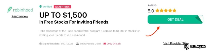 Robinhood referral code: a red arrow pointing to the [GET DEAL] button on BitDegree's page.