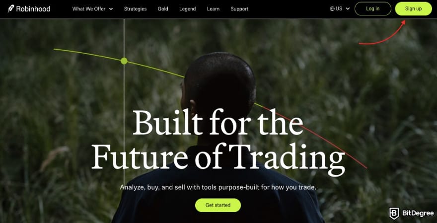 Robinhood referral code: a red arrow pointing to the [Sign up] button on Robinhood's page.