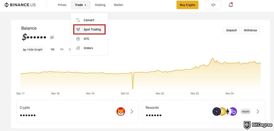 Robinhood vs Binance US: the [Spot Trading] menu on Binance US outlined.