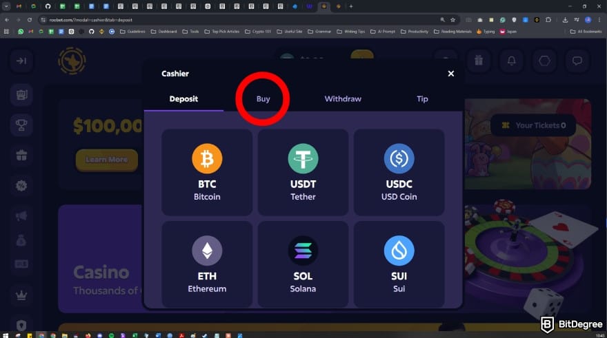 Roobet review: navigate to the "Buy" tab.