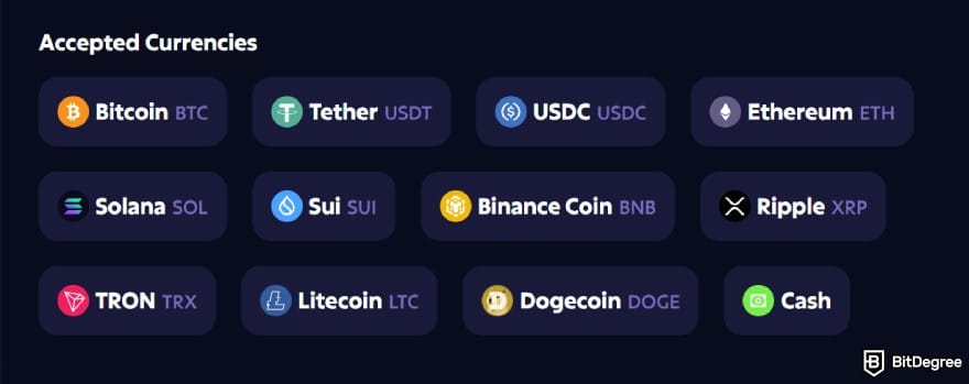 Roobet review: accepted currencies.