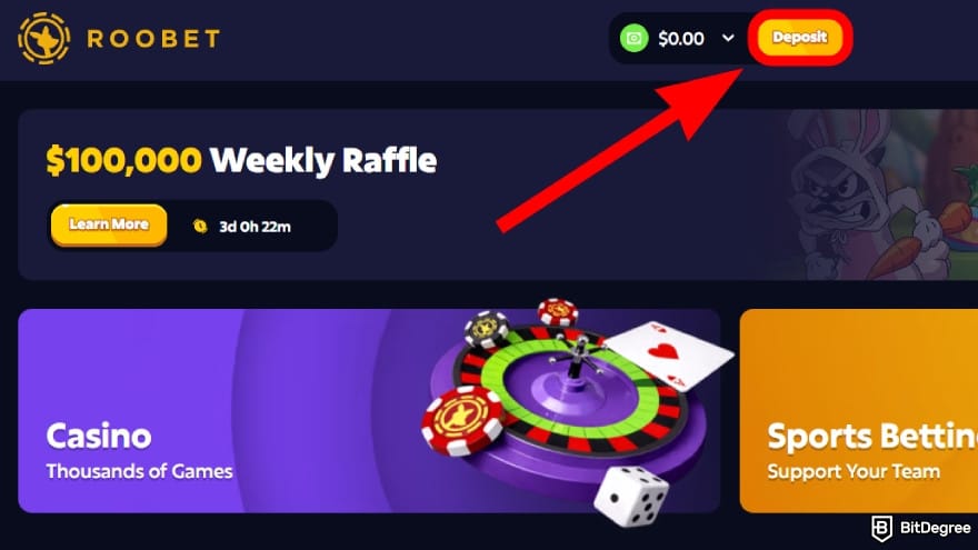 Roobet review: click on the [Deposit] button.