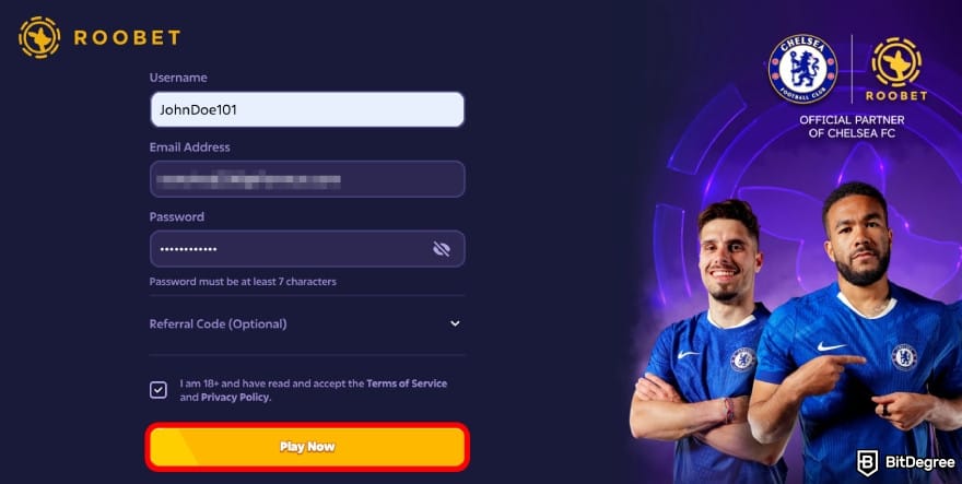 Roobet review: enter your username, email address, and password.