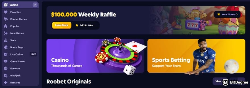 Roobet review: casino and sports betting section.