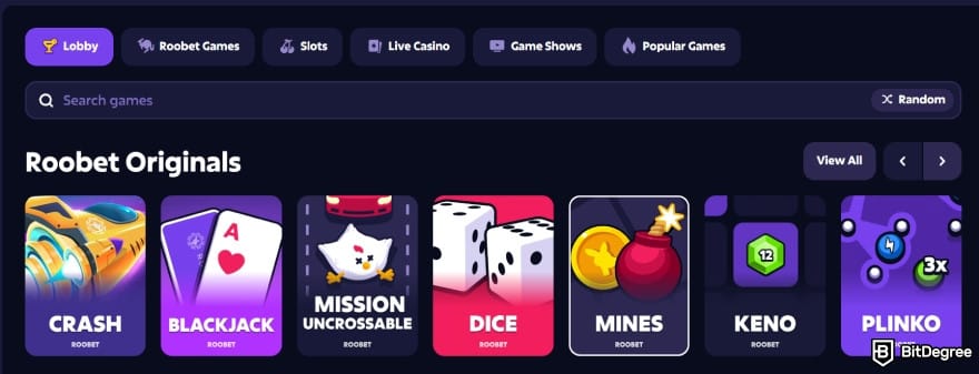 Roobet review: casino's lobby.