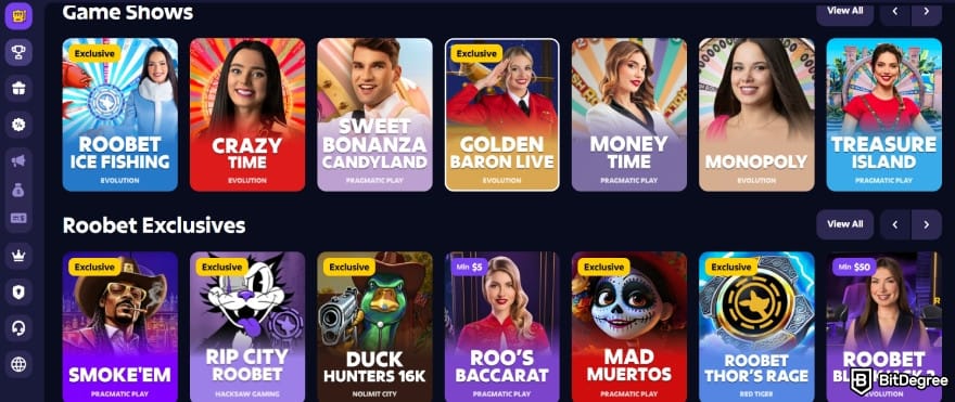 Roobet review: the main lobby of the casino.