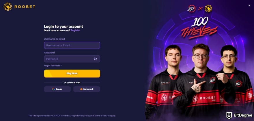 Roobet review: the casino's login page.