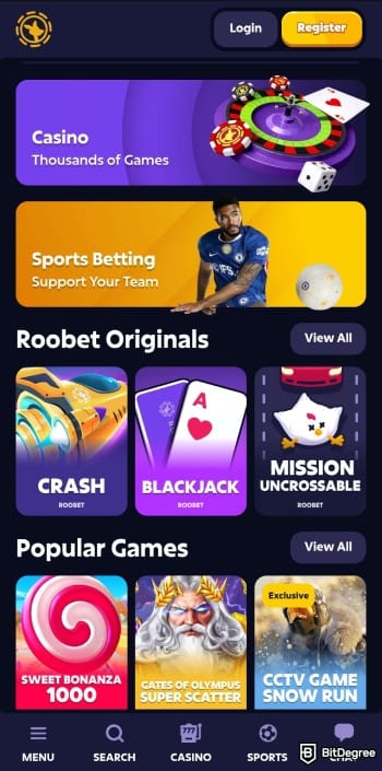 Roobet review: mobile interface of the casino.