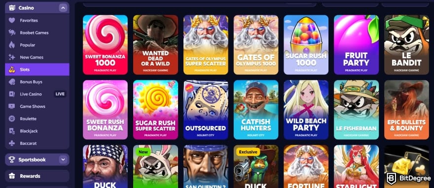 Roobet review: slots game selection on the platform.