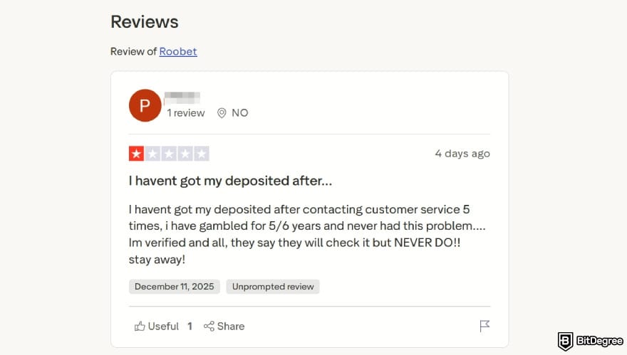 Roobet review: a negative review from user.