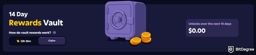 Roobet review: rewards vault section showing 14-day unlock period.