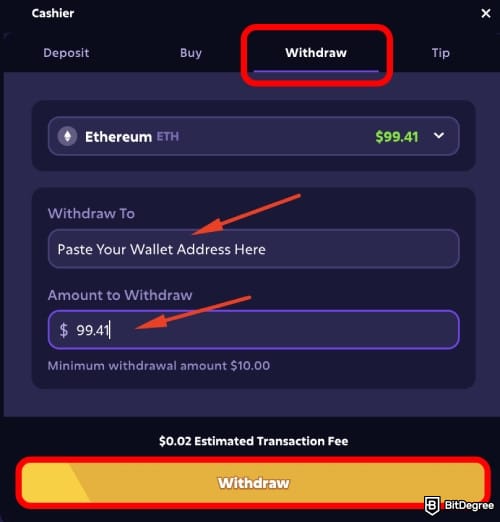 Roobet review: paste address and enter amount to withdraw.