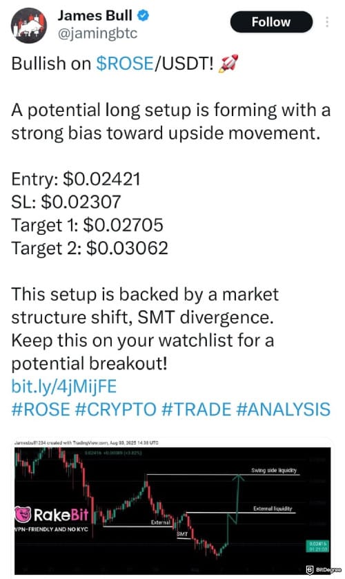 ROSE crypto price prediction: @jamingbtc's prediction on ROSE on X.