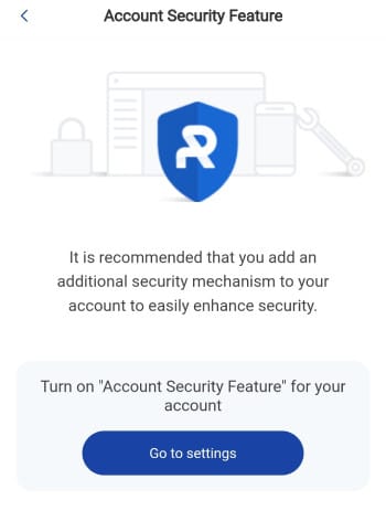 Royal Q review: account security feature notice on Royal Q.