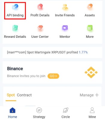 Royal Q review: the [API binding] menu on Binance app.