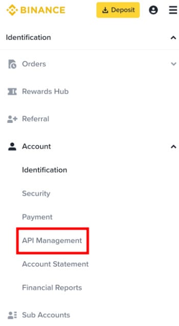 Royal Q review: the API Management menu on Binance app.