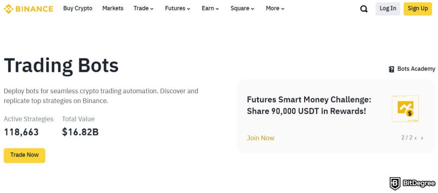 Royal Q review: Binance trading bots page.