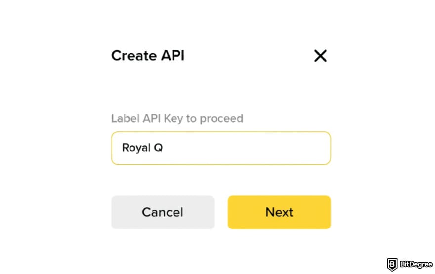 Royal Q review: creating API name on Binance Wallet app.