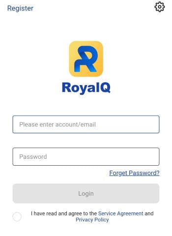 Royal Q review: the register page on Royal Q's app.