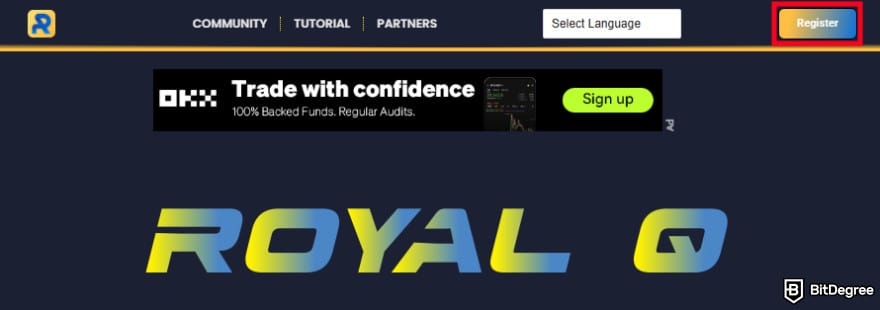 Royal Q review: the [Register] button in the top right corner of Royal Q website.
