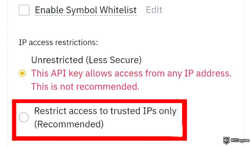 Royal Q review: [Restrict access to trusted IPs only] option when whitelisting on Binance.