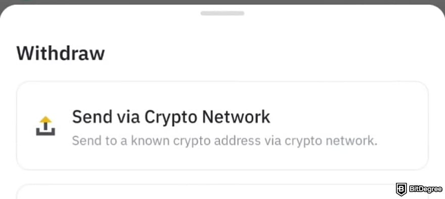Royal Q review: the [Send via Crypto Network] button on Binance's withdraw section.