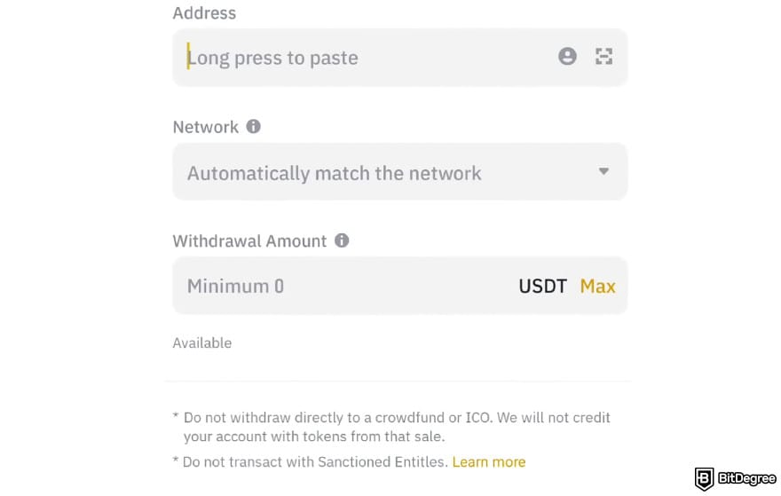 Royal Q review: Withdrawal page on Binance Wallet app.