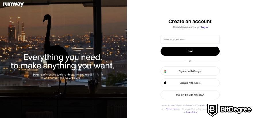 Runway AI review: Runway's sign up page.