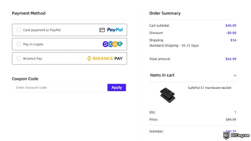 SafePal discount code: complete payment.